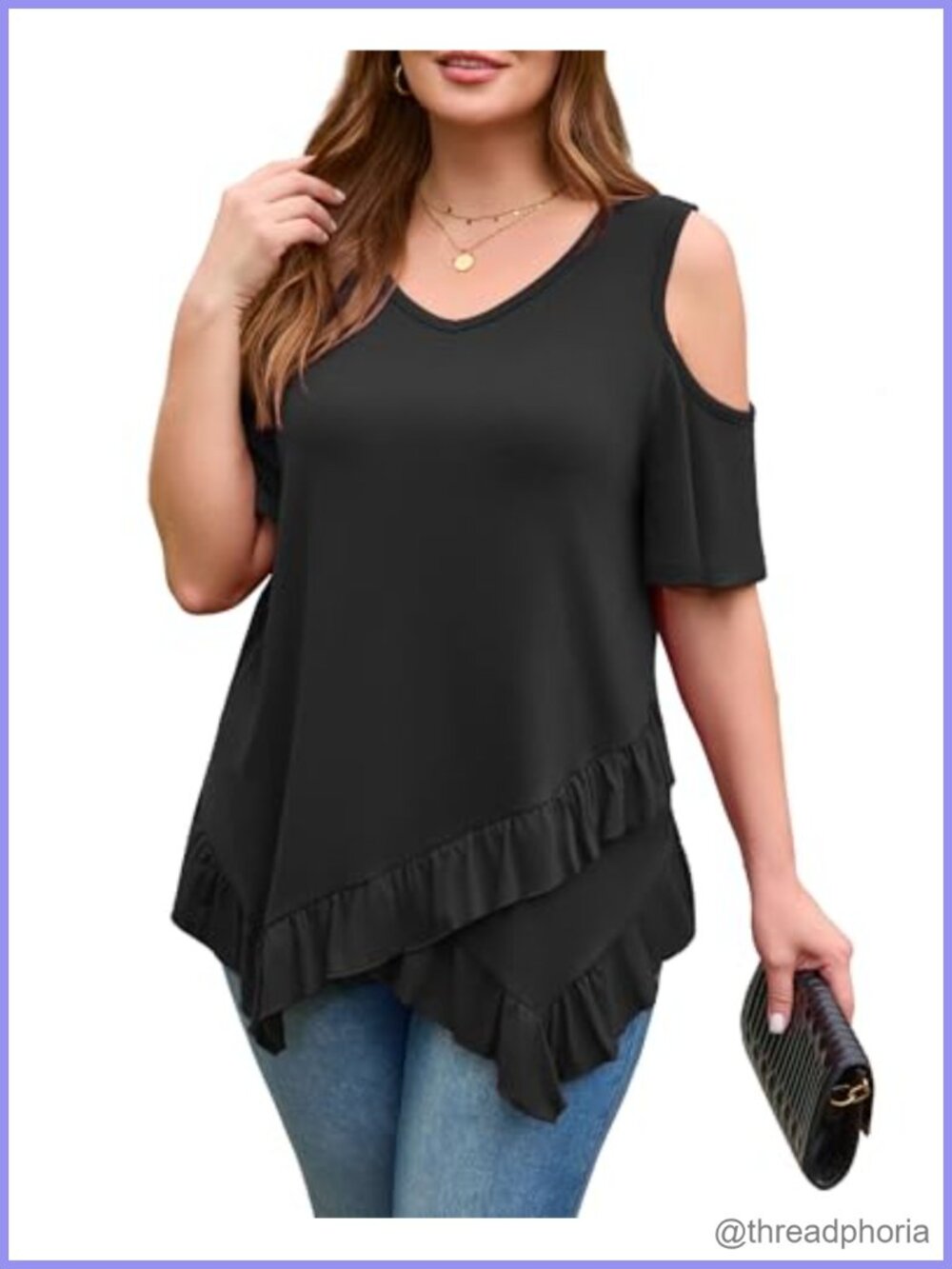 Plus Size Cold Shoulder V Neck Blouse Ruffle Hem Short Sleeve Top